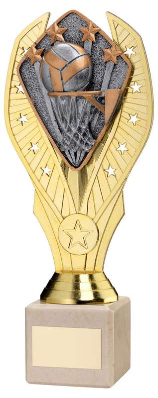 GOLD PLASTIC HOLDER + NETBALL DISC ON CREAM MARBLE TROPHY (1in CEN) – 7.75in