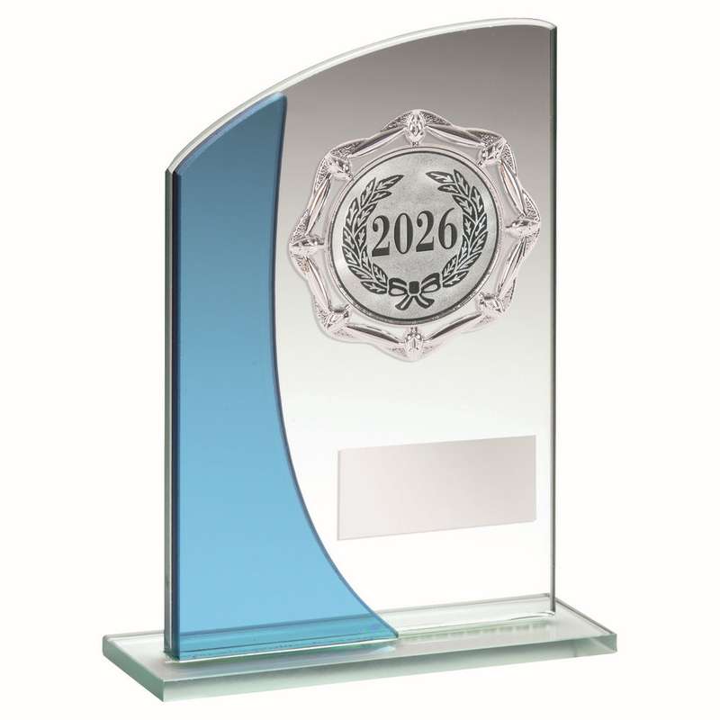 JADE/BLUE GLASS PLAQUE WITH SILVER TRIM TROPHY – (1in CENTRE) 5.25in
