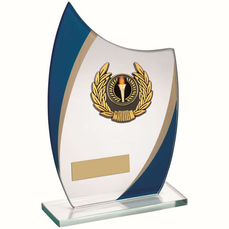 JADE/BLUE/GOLD CURVED GLASS WITH GOLD/BLK WREATH TRIM TROPHY (1in CEN) – 6in