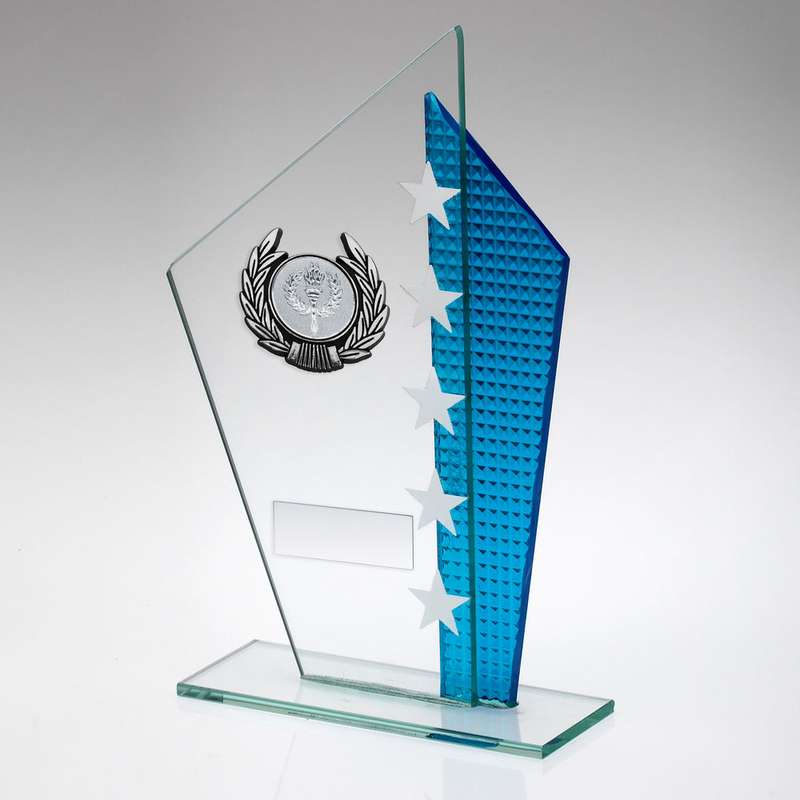 JADE/BLUE/SILV GLASS WITH SILVER/BLACK TRIM TROPHY (1in CEN) – 6.5in