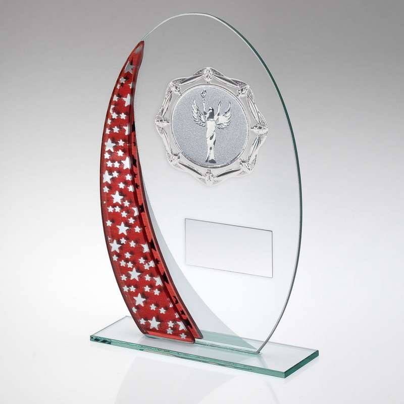 JADE/SILV/RED GLASS OVAL WITH SILVER TRIM TROPHY (1in CEN) – 6.5in