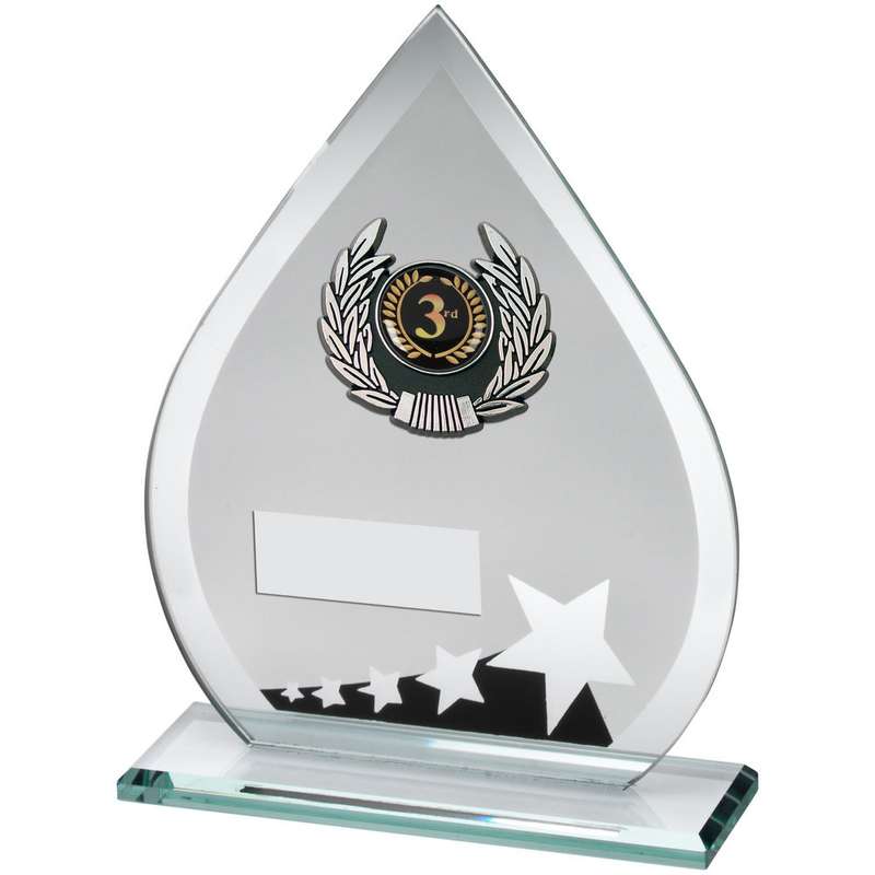 JADE/BLK/SILV GLASS TEARDROP PLAQUE WITH SILV/BLK TRIM TROPHY (1in CEN) – 6.5in