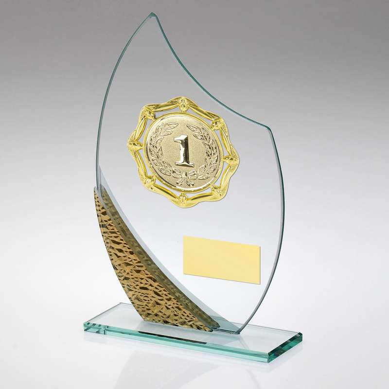 JADE/SILV/GOLD GLASS PLAQUE WITH GOLD TRIM TROPHY – (1in CENTRE) – 6.5in