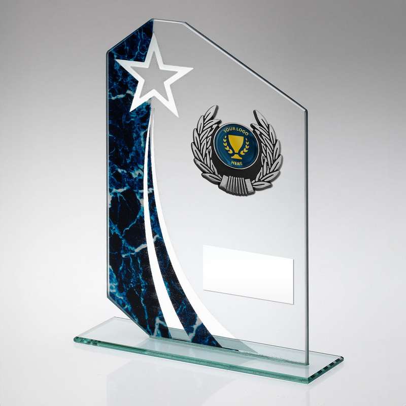 JADE/BLUE/SILV GLASS PLAQUE WITH SILV/BLK TRIM TROPHY (1in CENTRE) – 6.5in