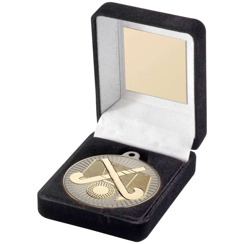 BLACK VELVET BOX AND 50mm HOCKEY MEDAL TROPHY MATT SILVER/GOLD – 3.5in