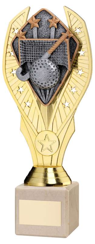 GOLD PLASTIC HOLDER + HOCKEY DISC ON CREAM MARBLE TROPHY (1in CEN) – 7.75in