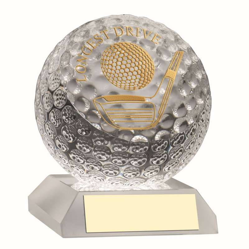 CLEAR GLASS GOLF BALL WITH PLATE LONGEST DRIVE – 3.75in
