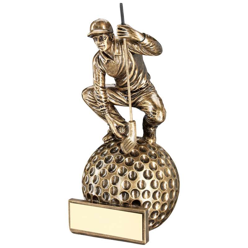 BRZ/GOLD CROUCHING GOLFER ON BALL BASE WITH PLATE – 8.75in