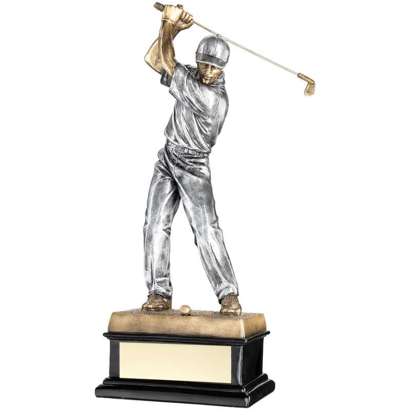 BRZ/PEW BACK SWING GOLFER ON BLACK BASE WITH PLATE – 14in