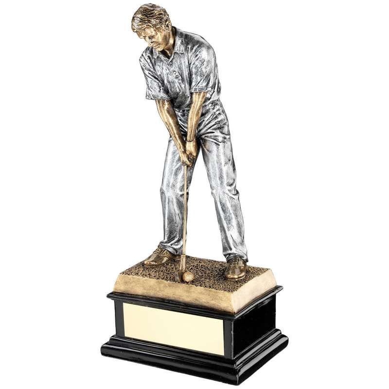 BRZ/PEW START OF SWING GOLFER ON BLACK BASE WITH PLATE – 12.5in