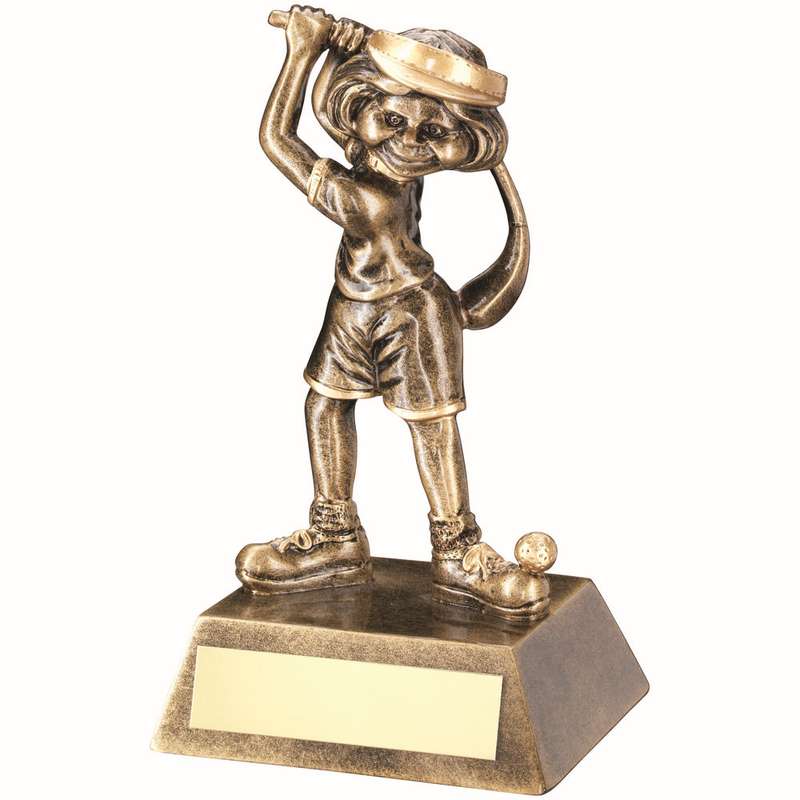 BRZ/GOLD FEMALE COMIC GOLF FIGURE WITH PLATE – 5.5in