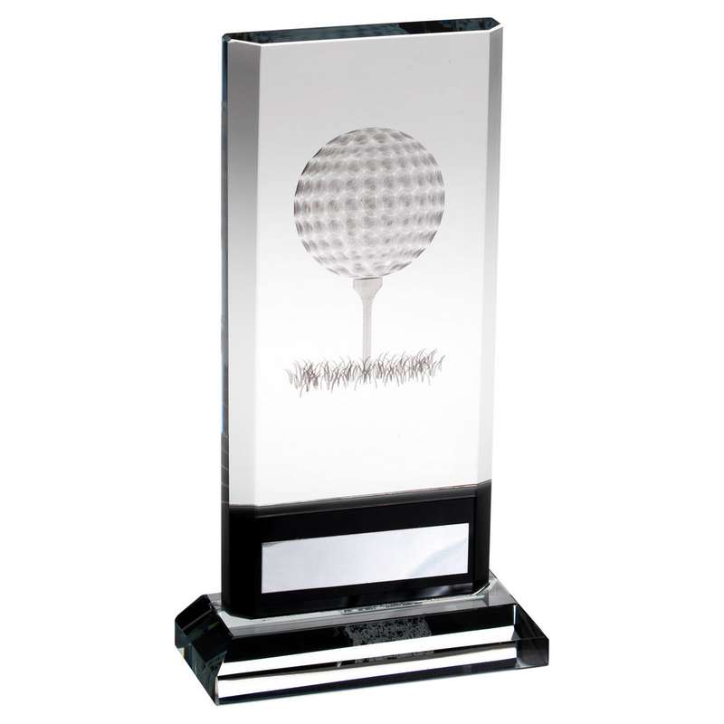 CLEAR/BLACK GLASS PLAQUE WITH LASERED GOLF IMAGE AND PLATE (15mm THICK) – 6.75in