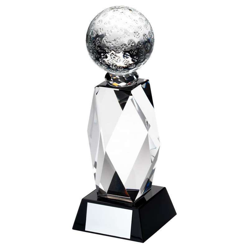 CLEAR GLASS COLUMN AND GOLF BALL BLACK BASE WITH PLATE – 6.5in