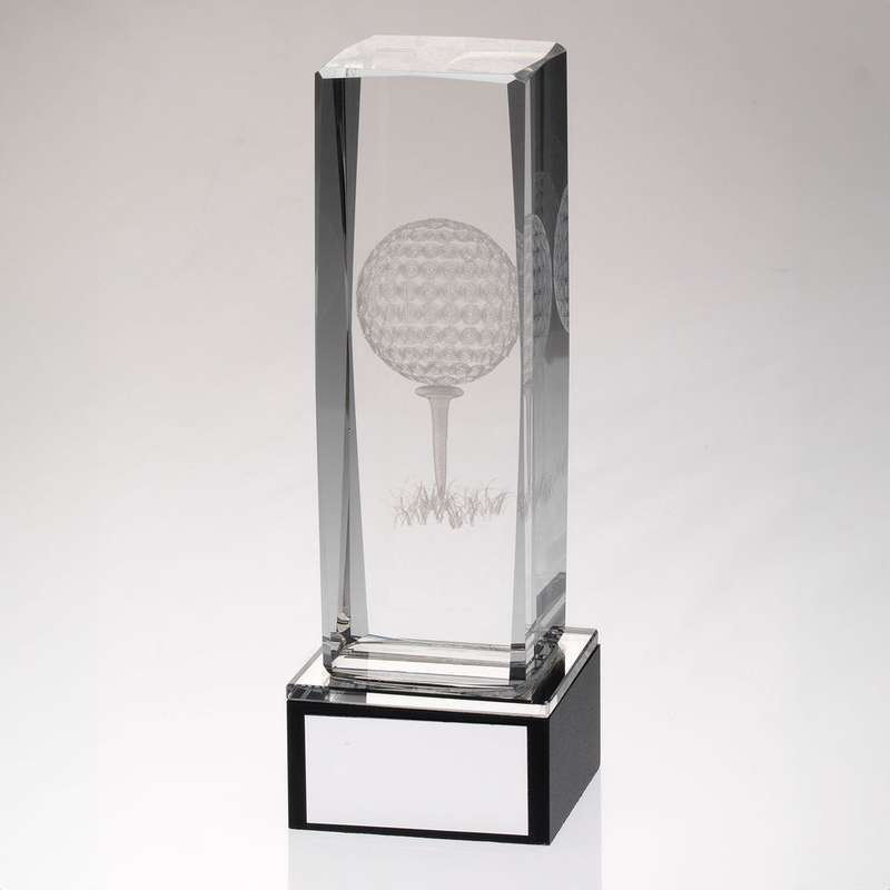 CLEAR GLASS LASERED GOLF COLUMN ON BLACK BASE WITH PLATE – 6in