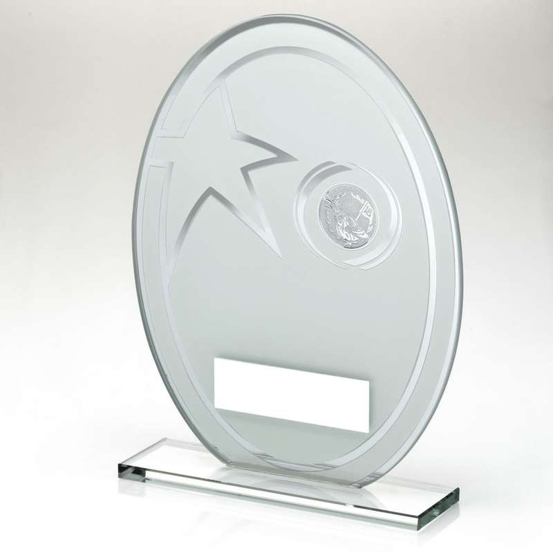 WHITE/SILVER PRINTED GLASS OVAL WITH GOLF INSERT AND PLATE – 6.5in