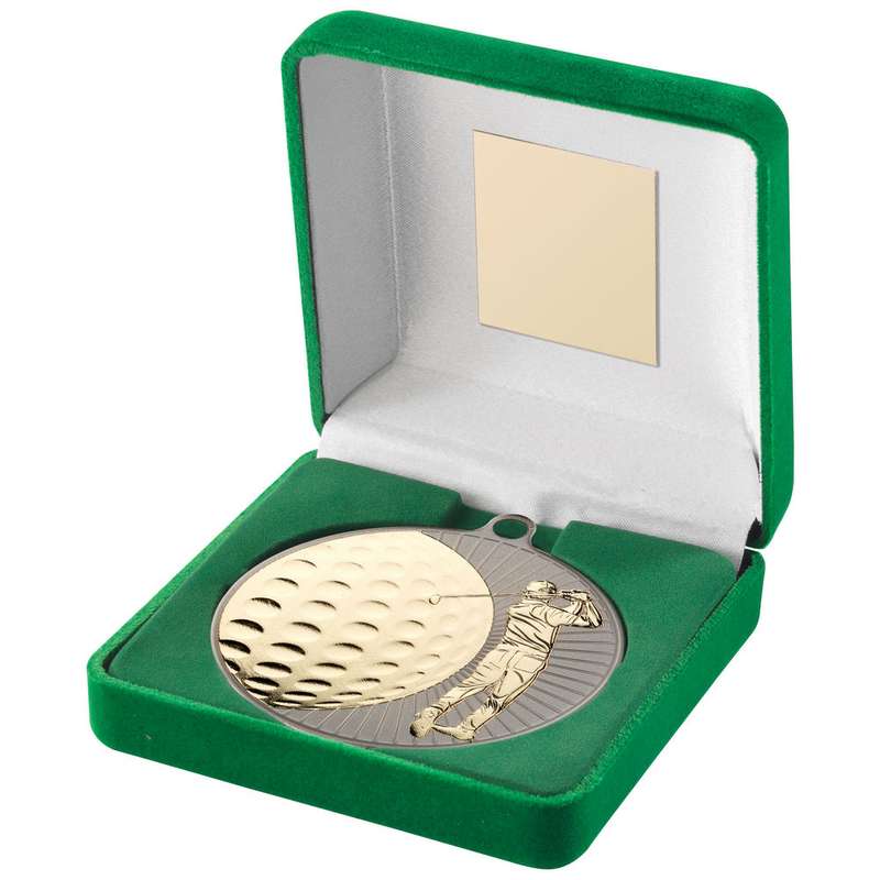 GREEN VELVET BOX AND 70mm GOLF MEDAL TROPHY MATT SILVER/GOLD – 4in