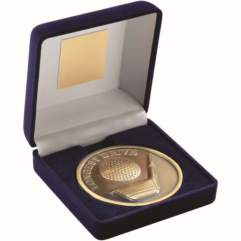 BLUE VELVET BOX AND 70mm MEDALLION GOLF TROPHY ANTIQUE GOLD LONGEST DRIVE – 4in