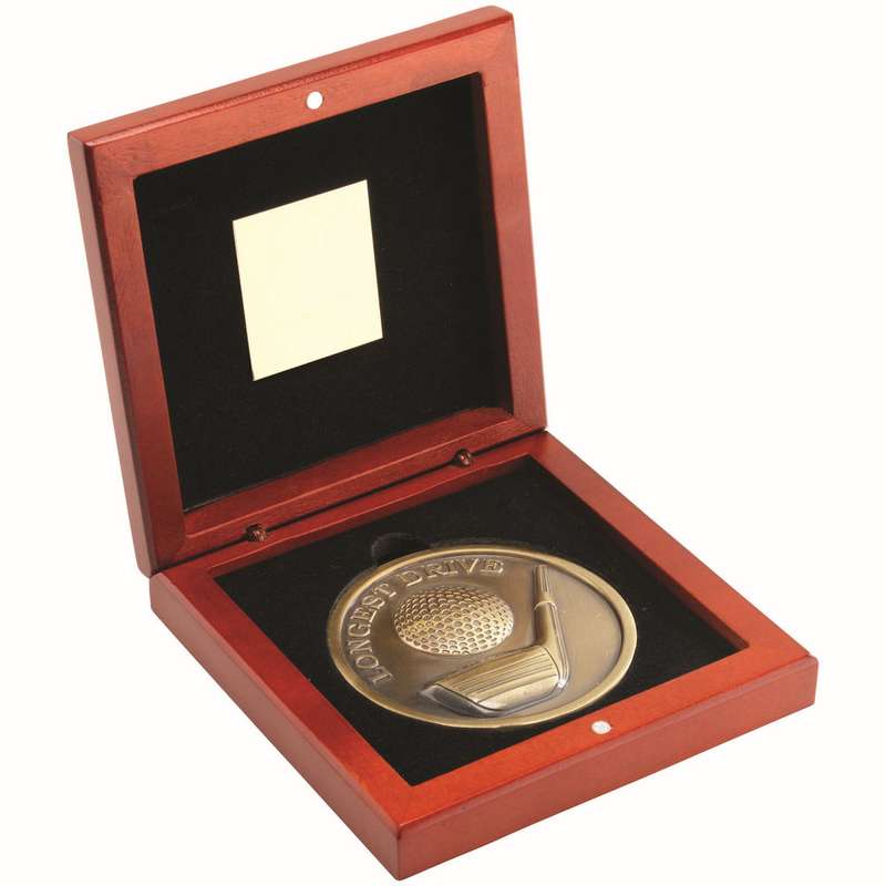 ROSEWOOD BOX AND 70mm MEDALLION GOLF TROPHY ANTIQUE GOLD LONGEST DRIVE – 4.5in