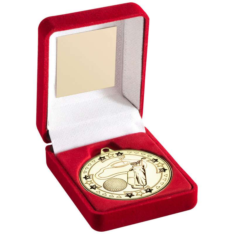 RED VELVET BOX AND 50mm MEDAL GOLF TROPHY GOLD – 3.5in
