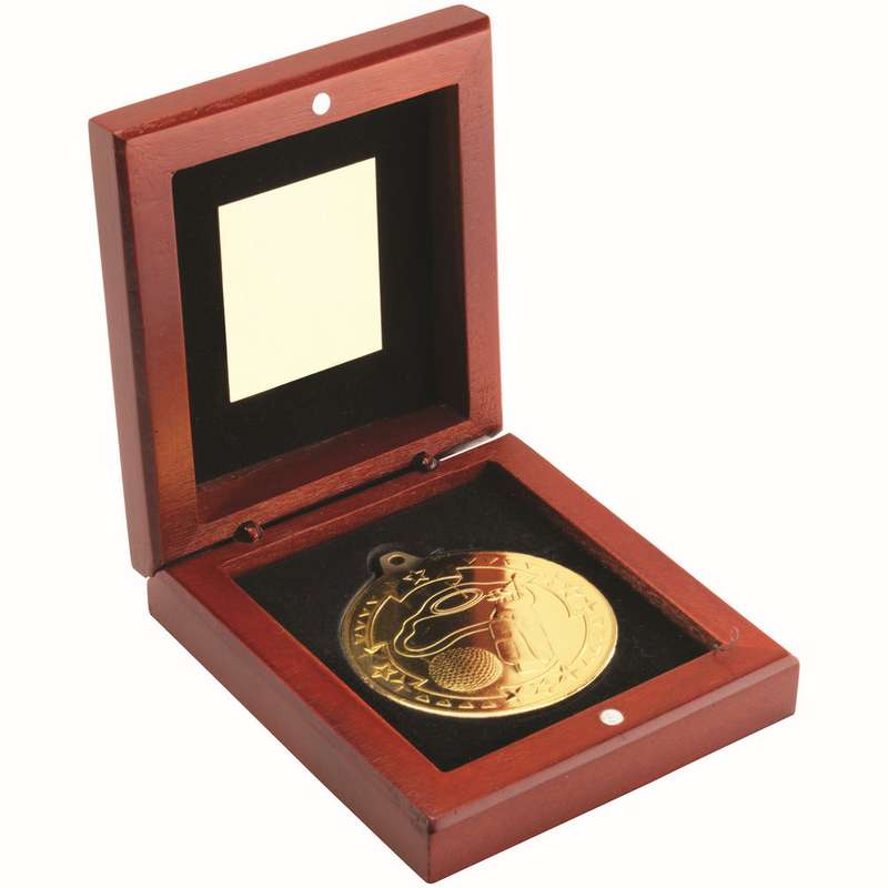 ROSEWOOD BOX AND 50mm MEDAL GOLF TROPHY GOLD – 3.75in
