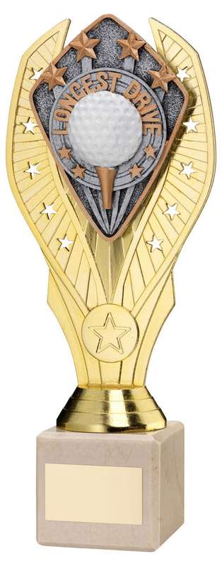 GOLD PLASTIC HOLDER+LONGEST DRIVE DISC ON CREAM MARBLE TROPHY (1in CEN) – 7.75in