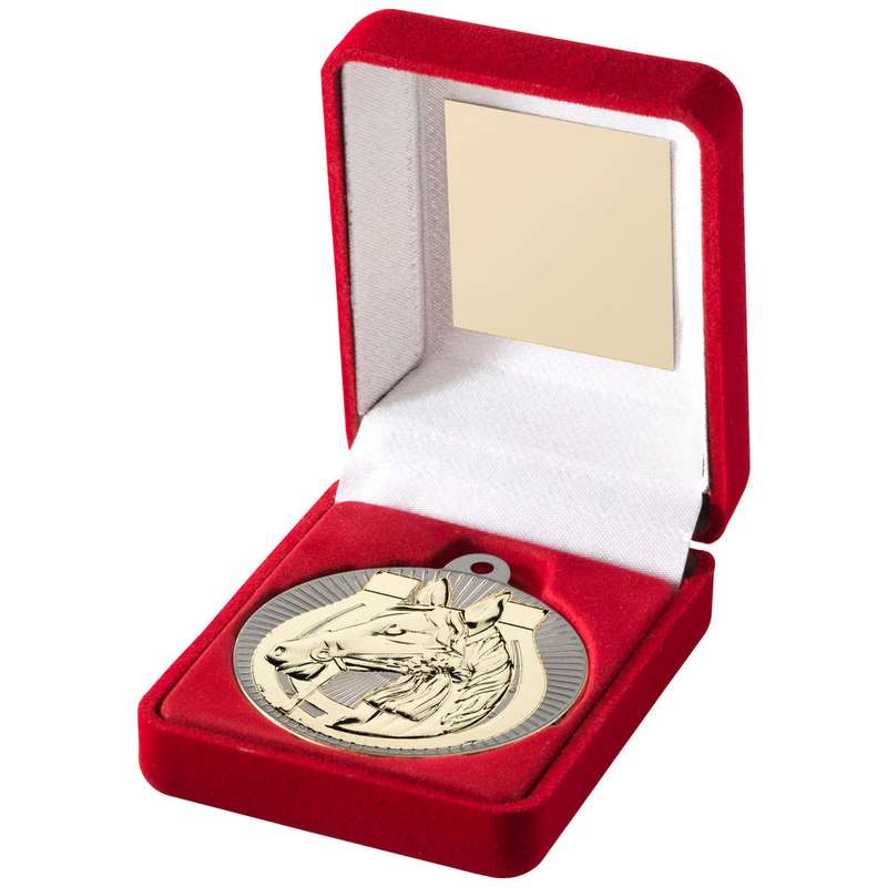 RED VELVET BOX AND 50mm HORSE MEDAL TROPHY MATT SILVER/GOLD – 3.5in