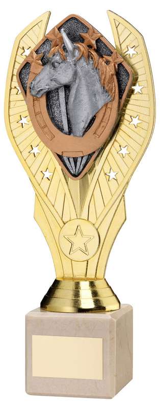 GOLD PLASTIC HOLDER + HORSE DISC ON CREAM MARBLE TROPHY (1in CEN) – 7.75in