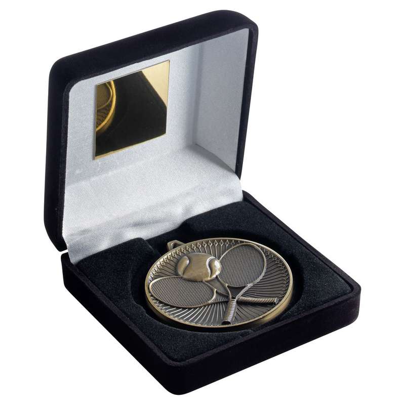 BLACK VELVET BOX AND 60mm MEDAL TENNIS TROPHY ANTIQUE GOLD – 4in