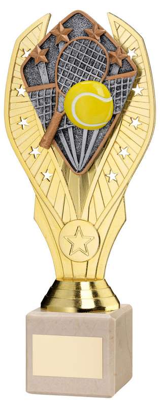 GOLD PLASTIC HOLDER + TENNIS DISC ON CREAM MARBLE TROPHY (1in CEN) – 7.75in