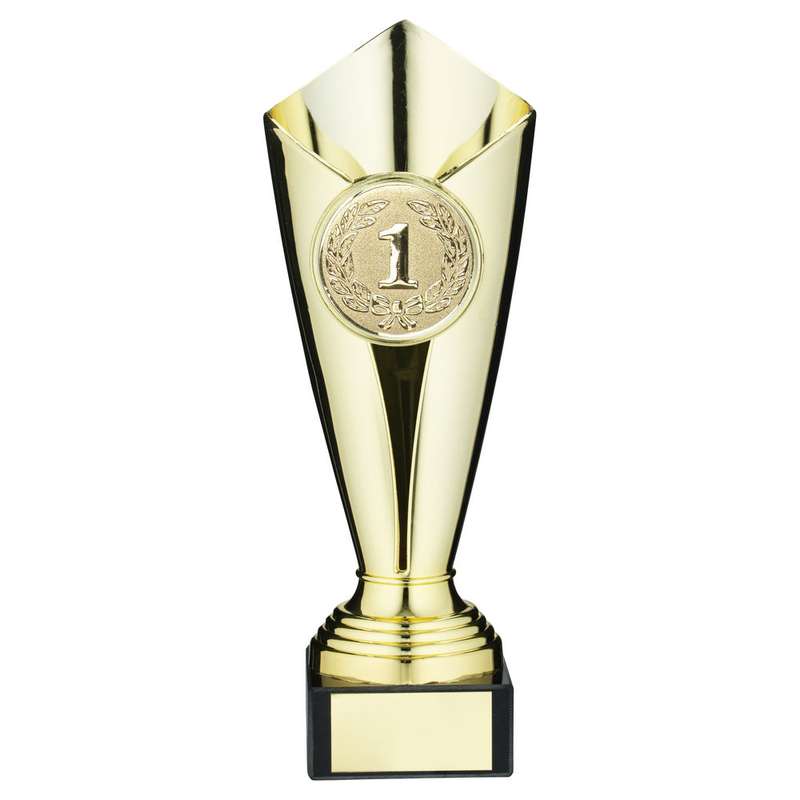 PLASTIC TULIP TROPHY CUP WITH PLATE (2in CENTRE) GOLD – 9.25in