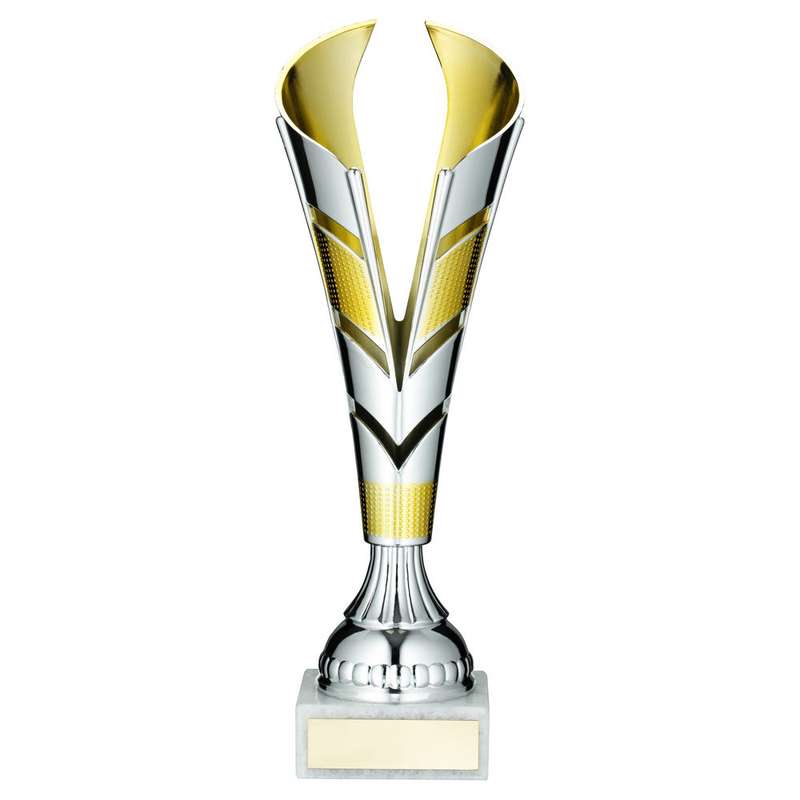 SILVER/GOLD PLASTIC V TROPHY CUP – 11.25in