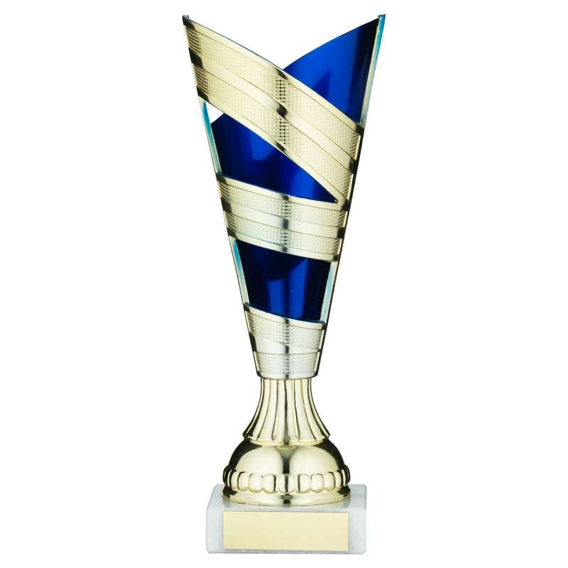 GOLD/BLUE PLASTIC V STEM TROPHY CUP WITH PLATE – 8.25in