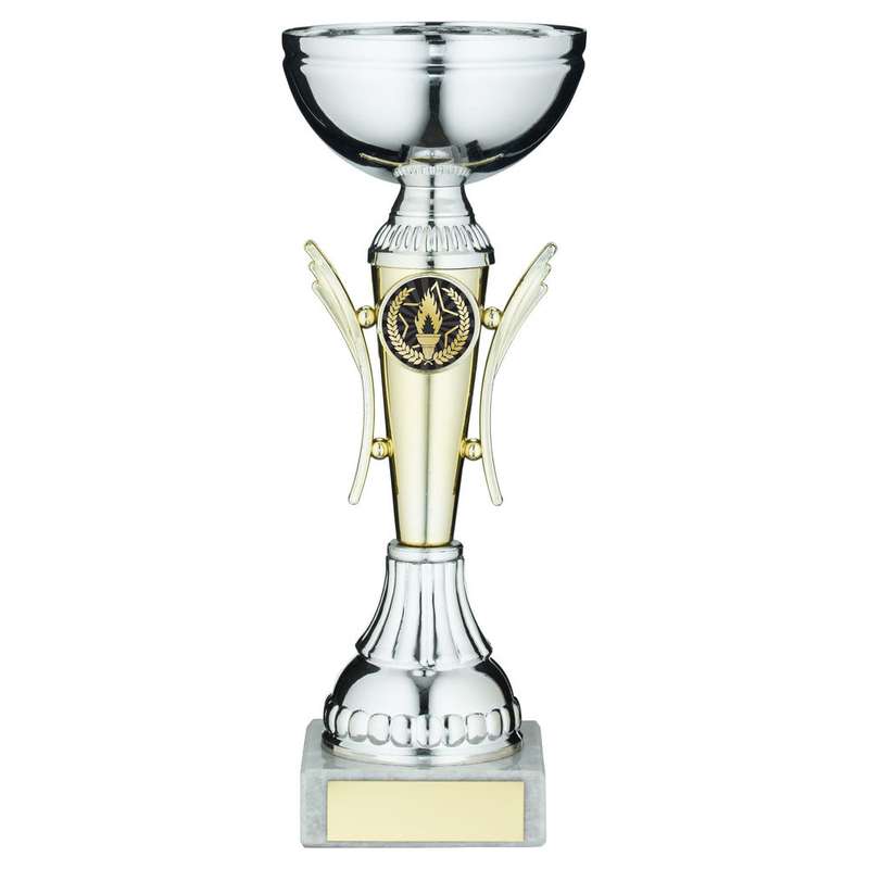 SILVER/GOLD WINGED TROPHY CUP WITH PLATE (1in CENTRE) – 6.5in