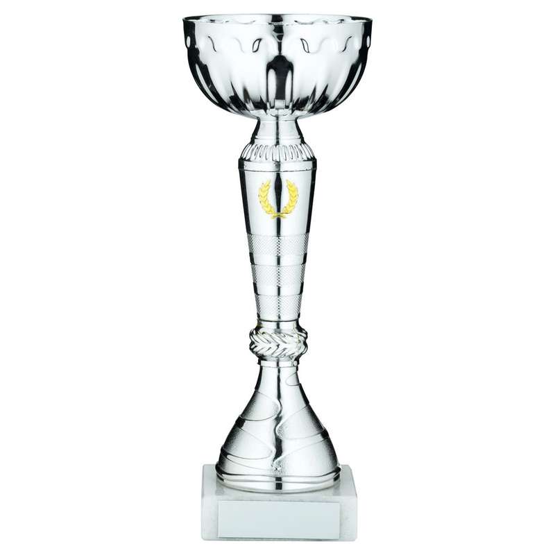 SILVER TROPHY CUP WITH GOLD WREATH AND PLATE – 7.5in