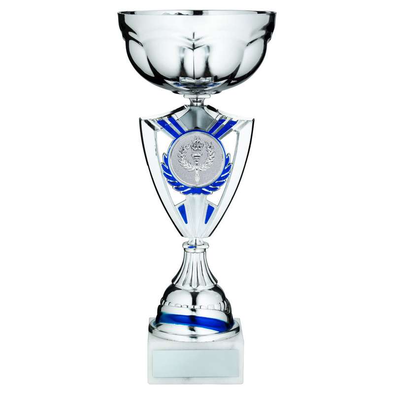 SILVER/BLUE SHIELD TROPHY CUP WITH PLATE (2in CENTRE) – 11.75in