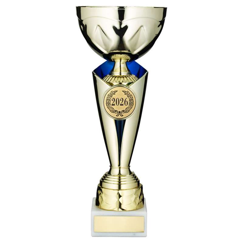 GOLD/BLUE TROPHY CUP WITH PLATE (2in CENTRE) – 13.5in