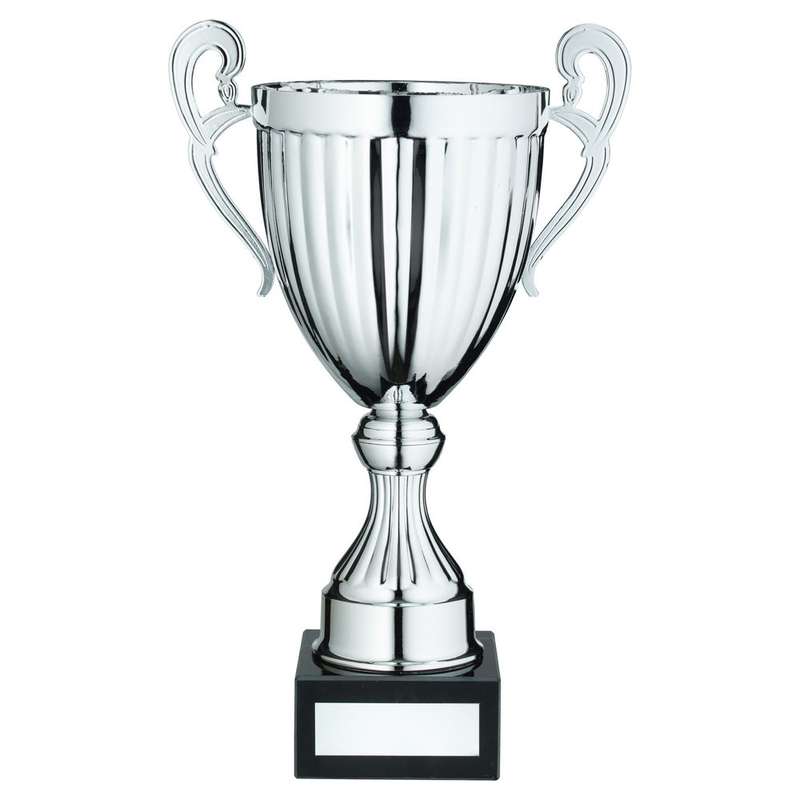 SILVER CONICAL TROPHY CUP WITH HANDLES AND PLATE – 10.5in