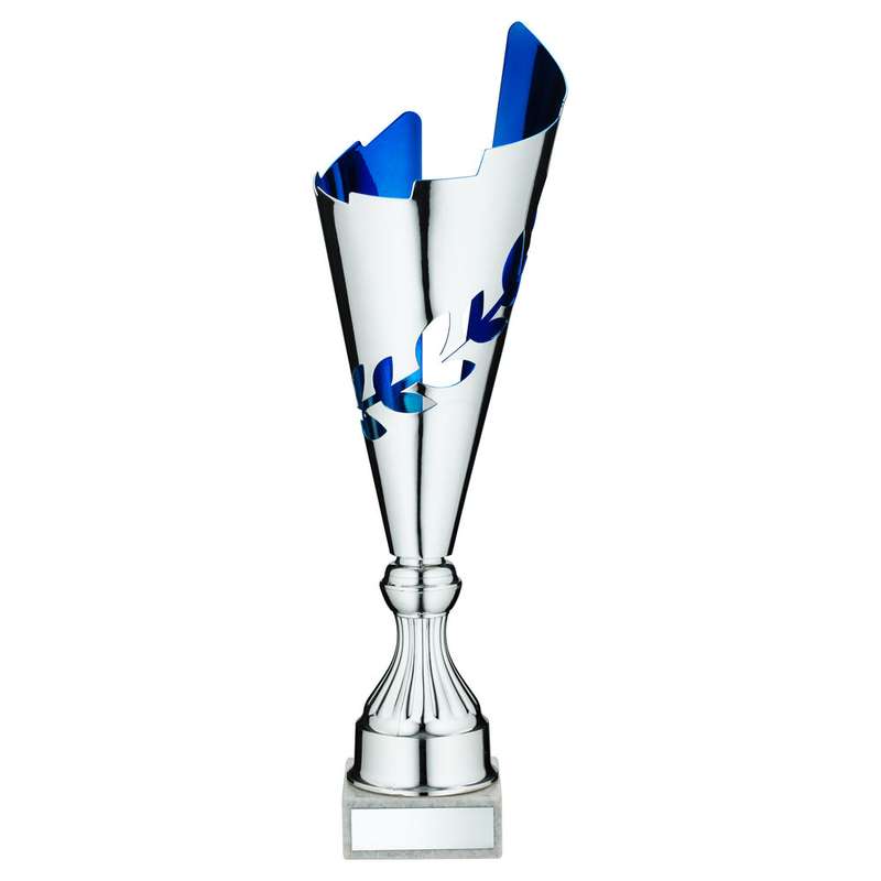 SILVER/BLUE METAL WREATH TROPHY CUP WITH PLATE – 13.75in