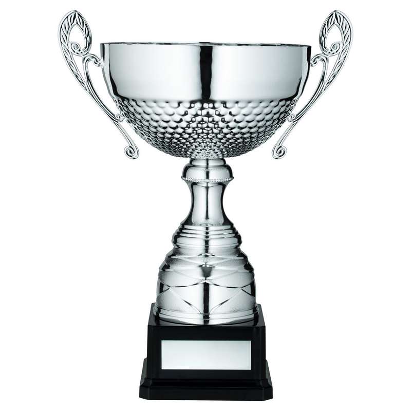 SILVER HALF BOWL WITH HANDLES ASSEMBLED TROPHY AND PLATE – 8.75in