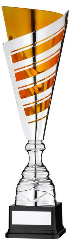 SILVER/GOLD STRIPE CUP ASSEMBLED TROPHY AND PLATE – 18in