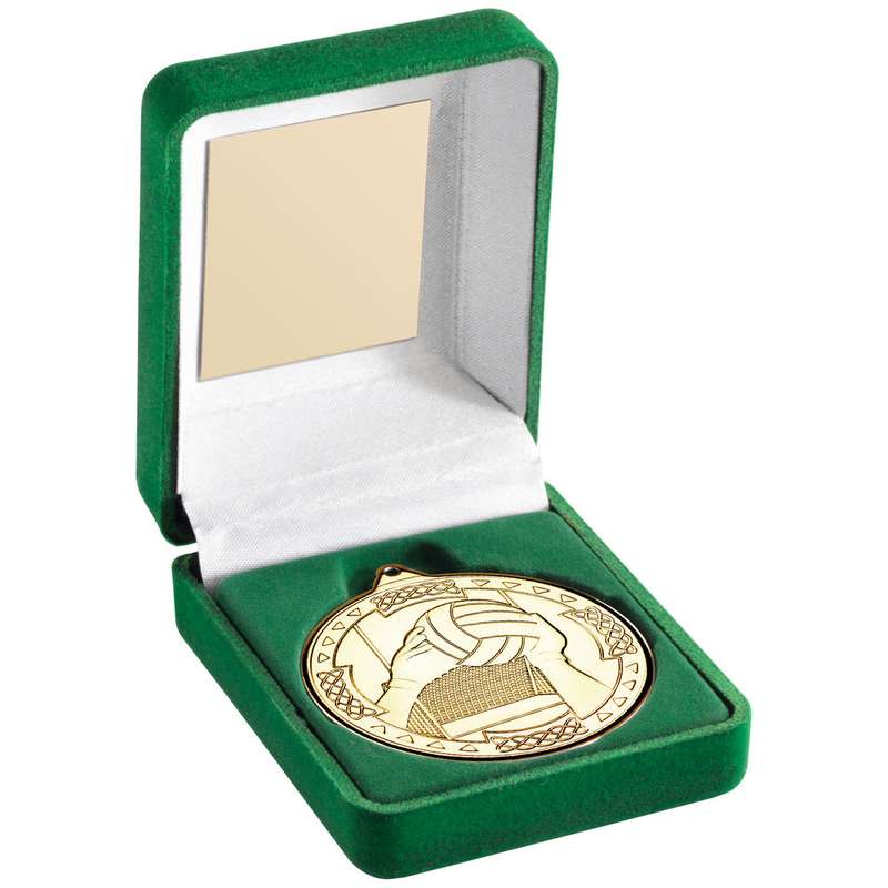 GREEN VELVET BOX AND 50mm MEDAL GAELIC FOOTBALL TROPHY GOLD – 3.5in