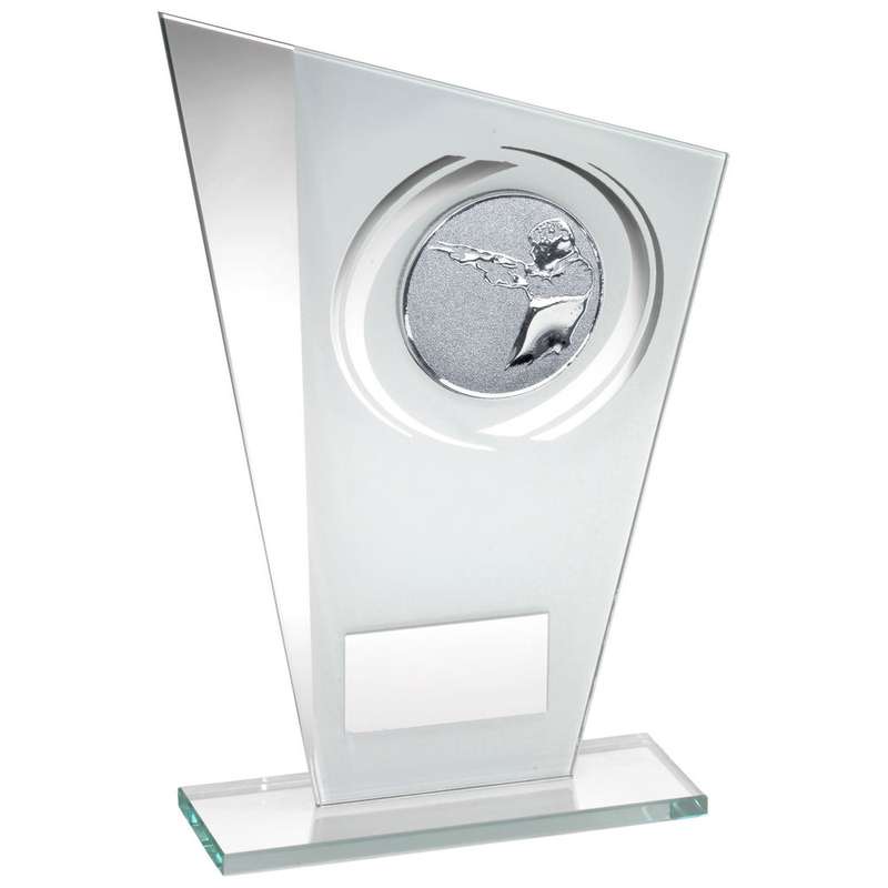 WHITE/SILVER PRINTED GLASS PLAQUE WITH SHOOTING INSERT AND PLATE – 8in