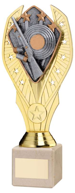 GOLD PLASTIC HOLDER + SHOOTING DISC ON CREAM MARBLE TROPHY (1in CEN) – 7.75in
