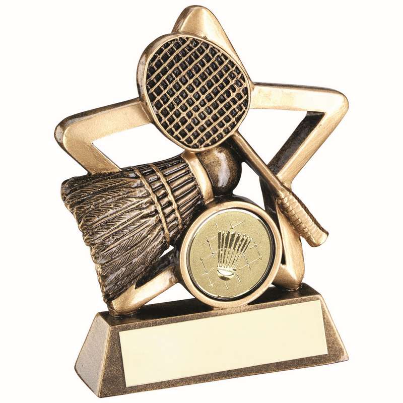 BRZ/GOLD BADMINTON MINI STAR WITH PLATE (1in CENTRE) – 3.75in
