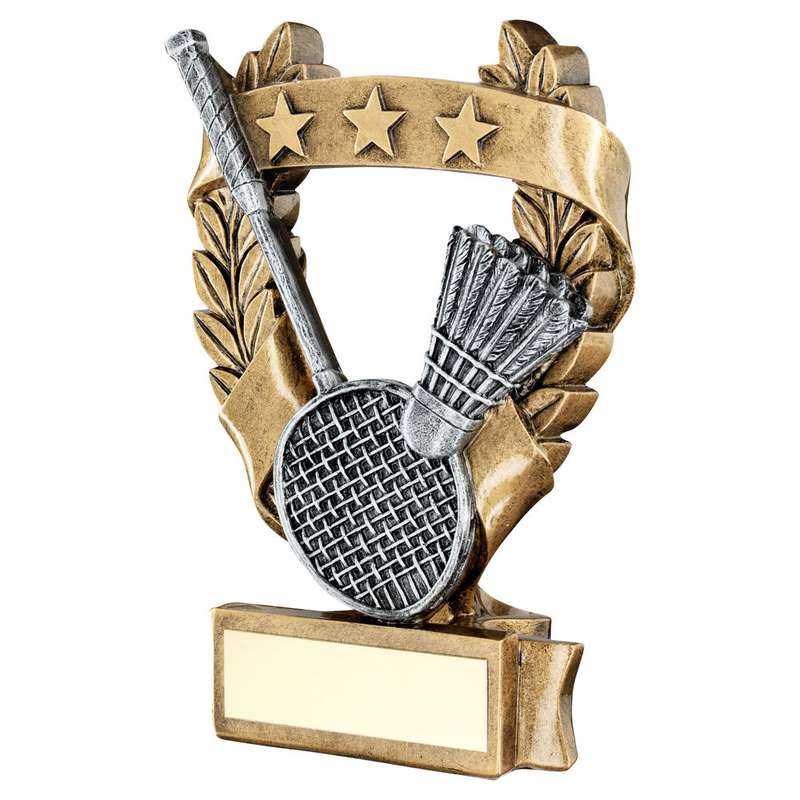 BRZ/PEW/GOLD BADMINTON 3 STAR WREATH AWARD WITH PLATE – 5in