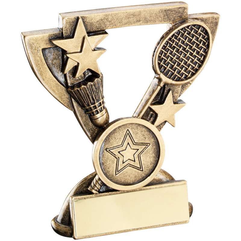 BRZ/GOLD BADMINTON MINI CUP WITH PLATE (1in CENTRE) – 3.75in