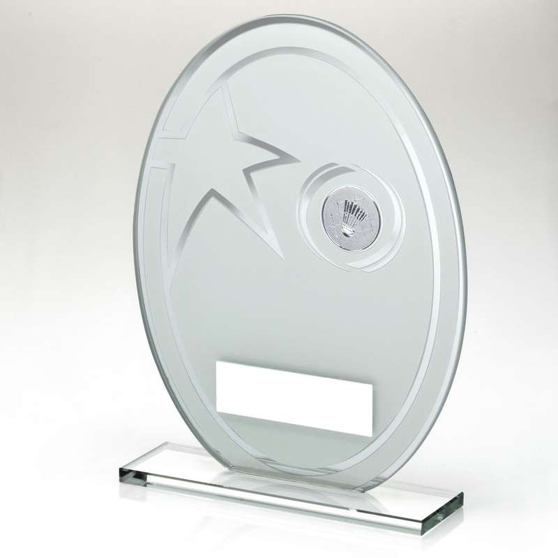 WHITE/SILVER PRINTED GLASS OVAL WITH BADMINTON INSERT AND PLATE – 6.5in