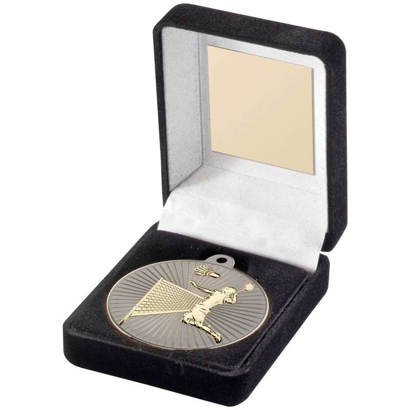 BLACK VELVET BOX AND 50mm BADMINTON MEDAL TROPHY MATT SILVER/GOLD – 3.5in