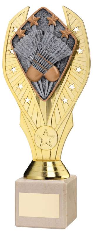 GOLD PLASTIC HOLDER + BADMINTON DISC ON CREAM MARBLE TROPHY (1in CEN) – 7.75in