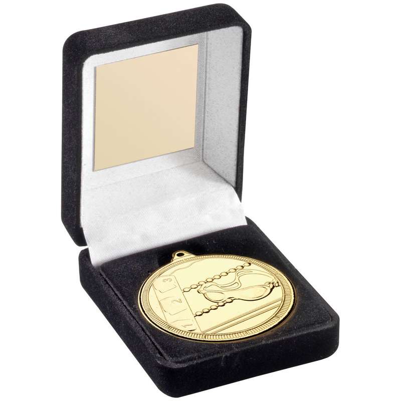 BLACK VELVET BOX AND 50mm SWIMMING MEDAL TROPHY GOLD – 3.5in